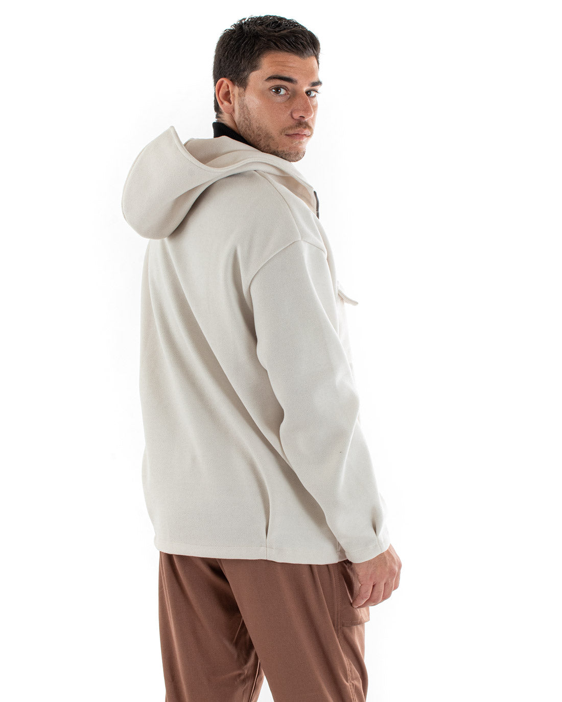 Cappotto Uomo Camoscio Giubbotto Con Cappuccio Giacca Calda Con Zip Tinta Unita Panna Casual GIOSAL-G2948A