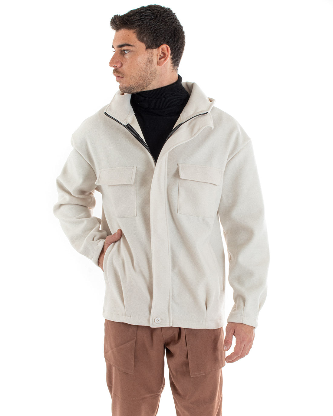 Cappotto Uomo Camoscio Giubbotto Con Cappuccio Giacca Calda Con Zip Tinta Unita Panna Casual GIOSAL-G2948A