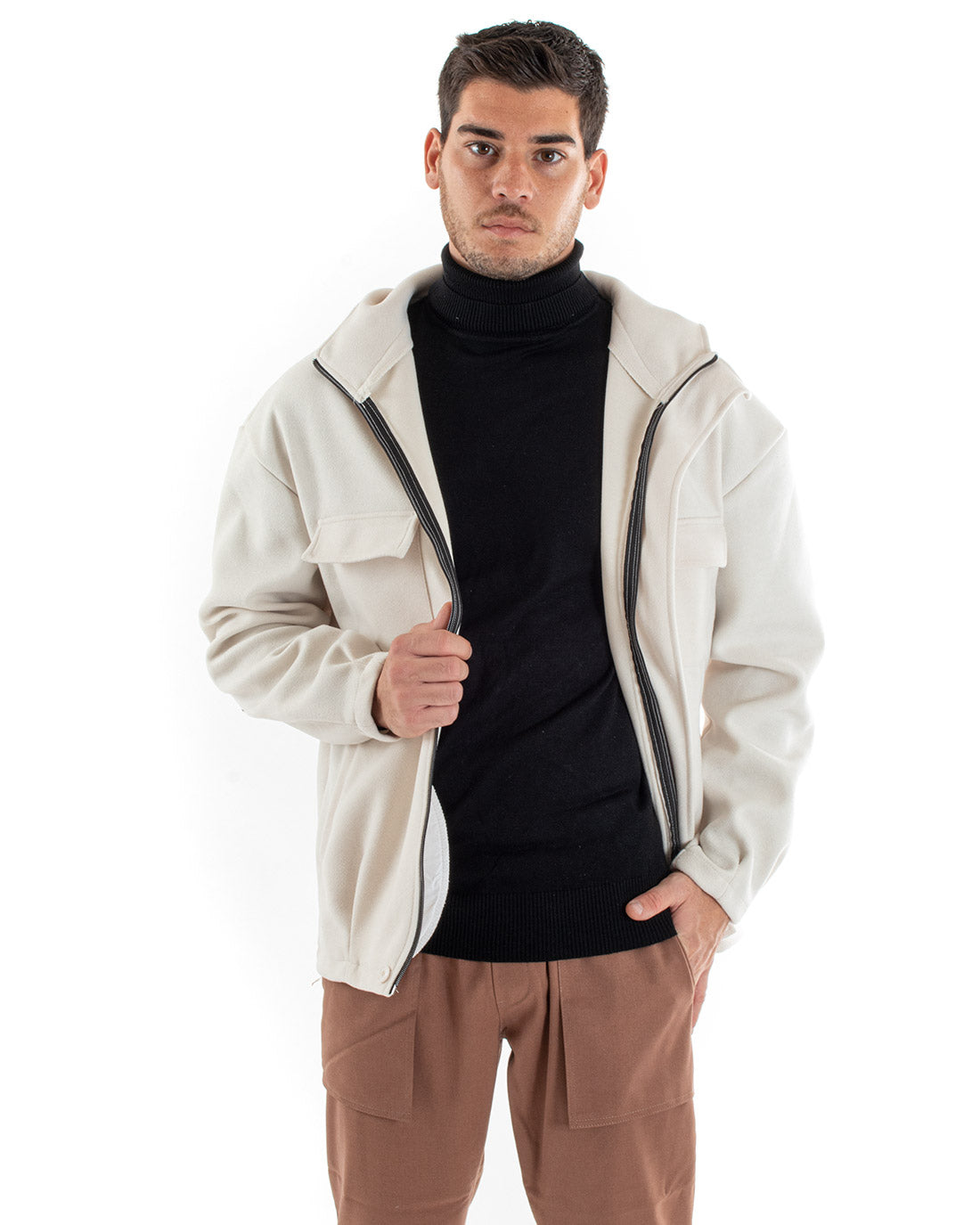 Cappotto Uomo Camoscio Giubbotto Con Cappuccio Giacca Calda Con Zip Tinta Unita Panna Casual GIOSAL-G2948A