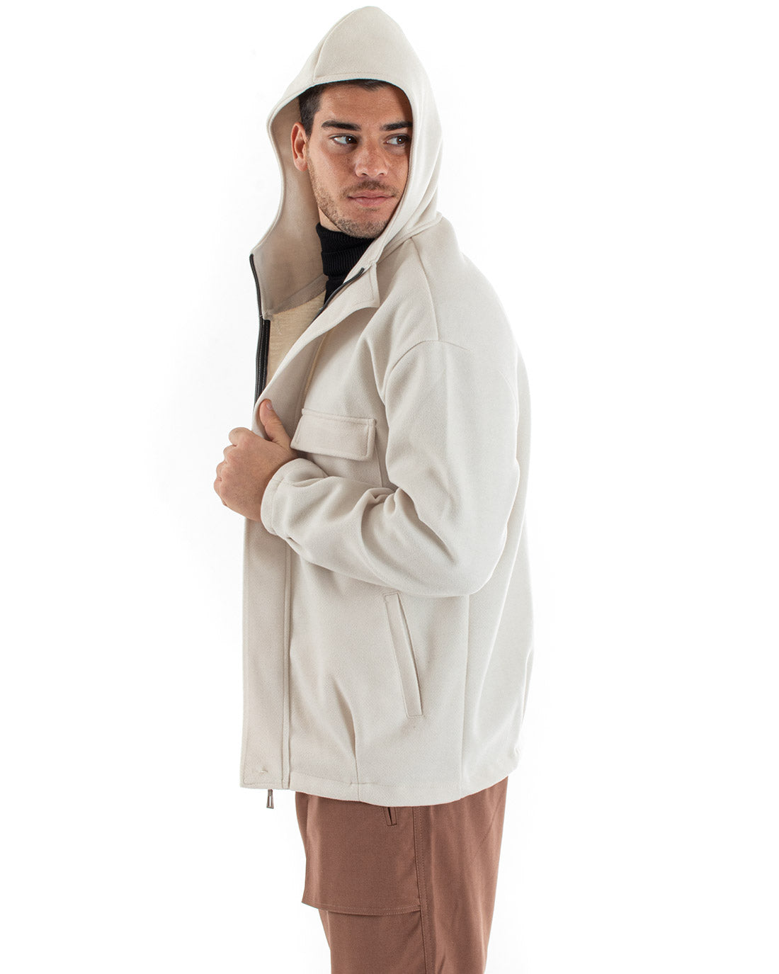 Cappotto Uomo Camoscio Giubbotto Con Cappuccio Giacca Calda Con Zip Tinta Unita Panna Casual GIOSAL-G2948A