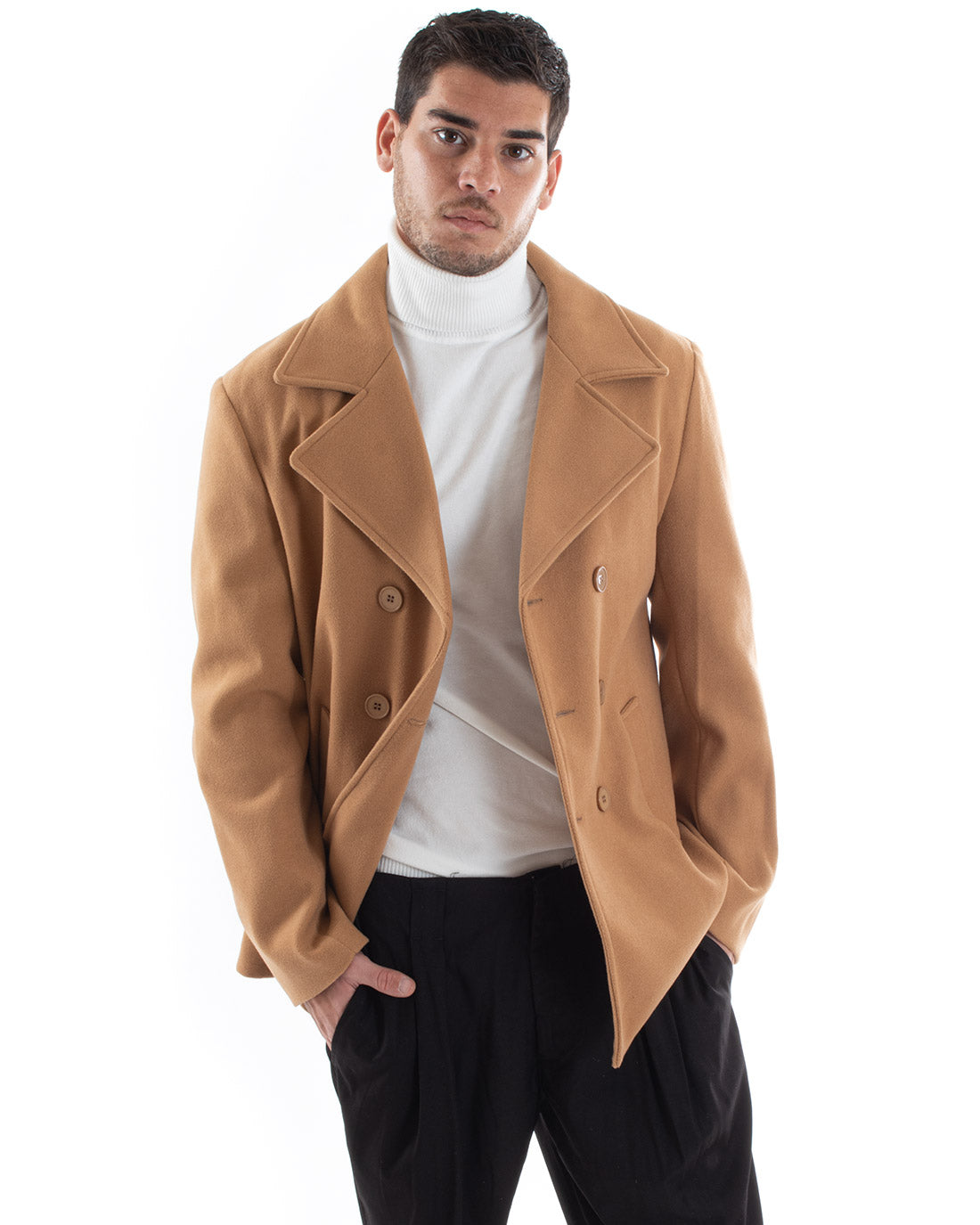 Cappotto Doppiopetto Uomo Giacca Corta Giaccone Camel Giubbotto GIOSAL-G2953A