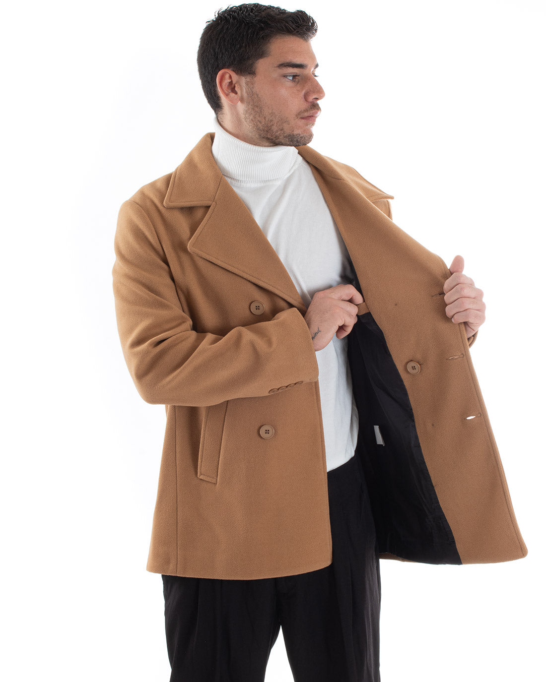 Cappotto Doppiopetto Uomo Giacca Corta Giaccone Camel Giubbotto GIOSAL-G2953A