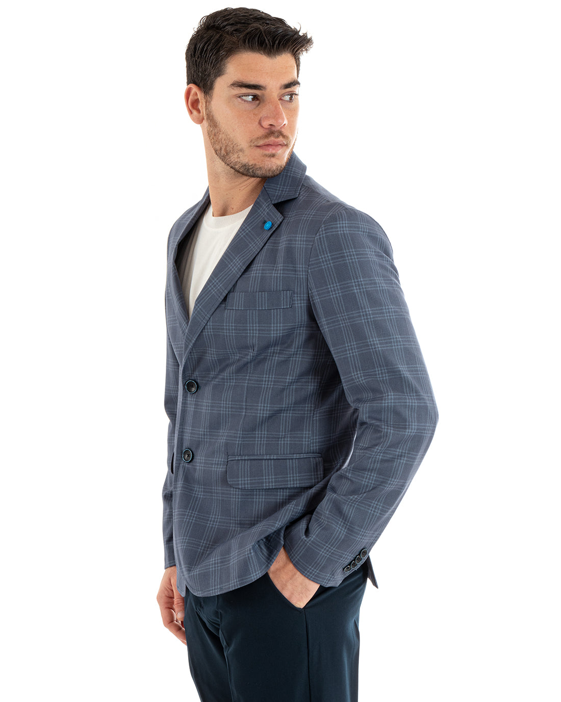 Giacca Uomo Monopetto Quadri Blu Cerimonia Elegante Casual GIOSAL-G3046A