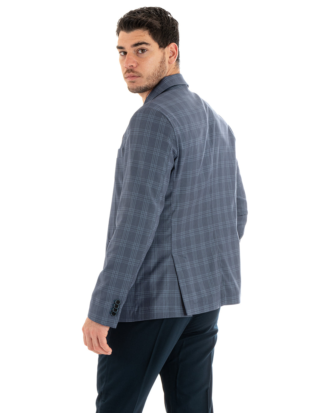 Giacca Uomo Monopetto Quadri Blu Cerimonia Elegante Casual GIOSAL-G3046A