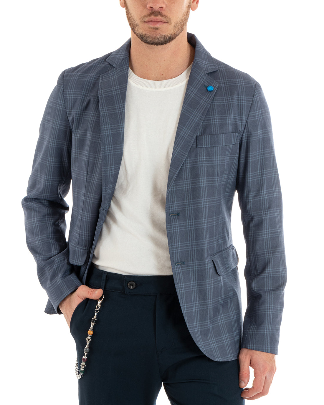 Giacca Uomo Monopetto Quadri Blu Cerimonia Elegante Casual GIOSAL-G3046A