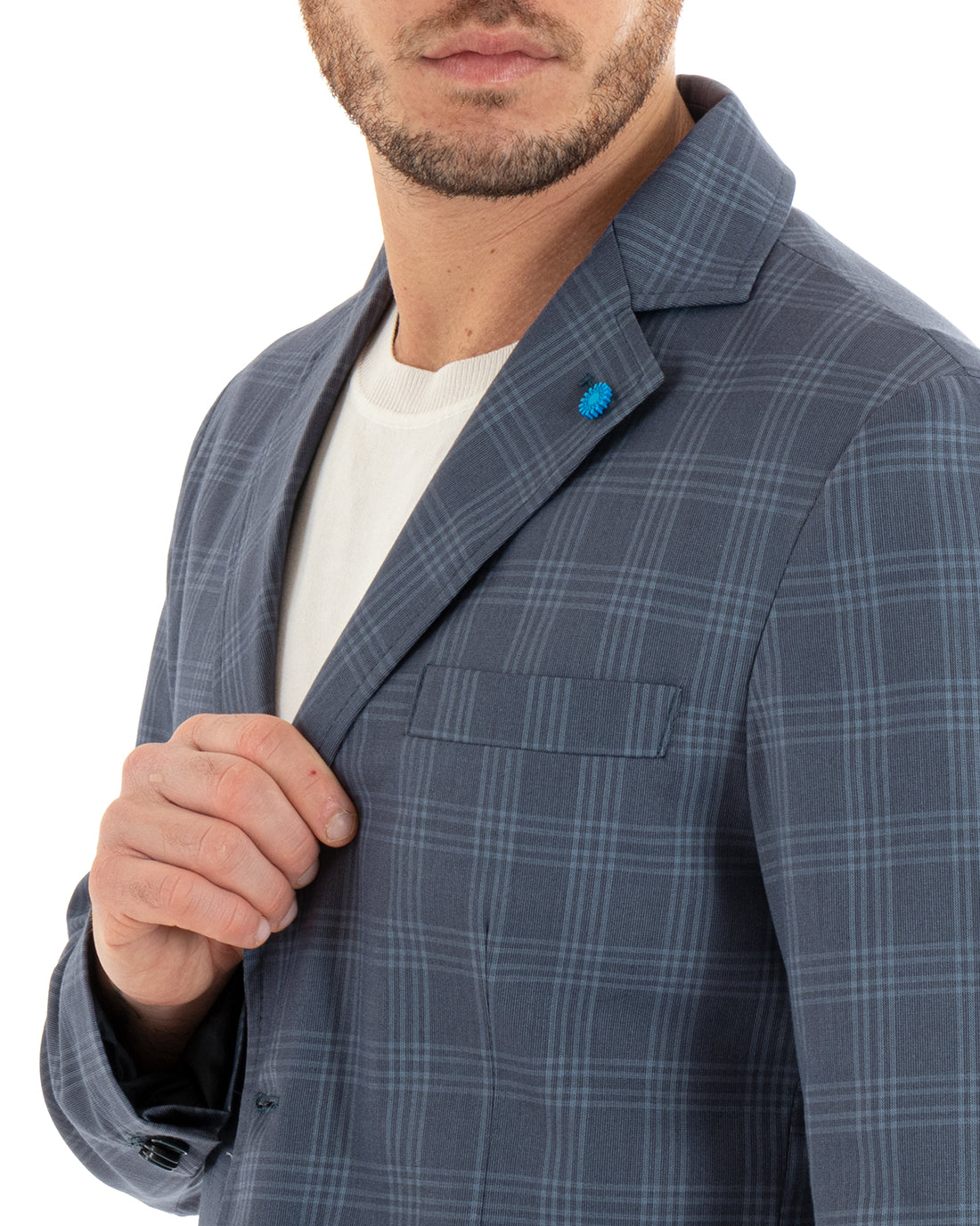 Giacca Uomo Monopetto Quadri Blu Cerimonia Elegante Casual GIOSAL-G3046A