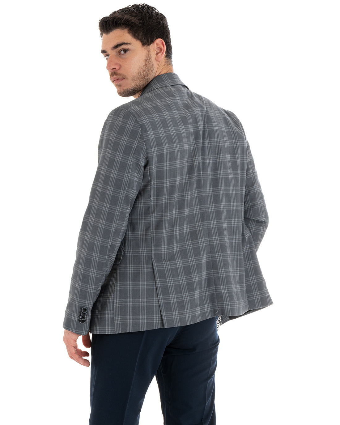 Giacca Uomo Lino Monopetto Quadri Grigio Cerimonia Elegante Casual GIOSAL-G3047A