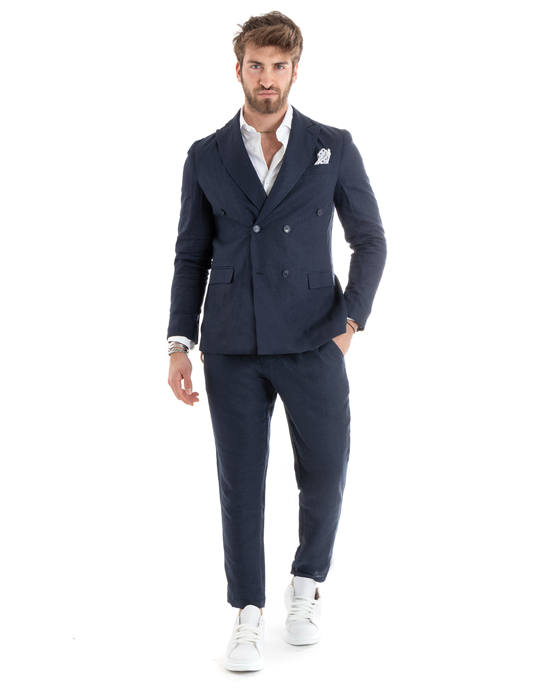 Giacca Uomo Doppiopetto Lino Tinta Unita Blu Sartoriale Cerimonia Elegante Casual GIOSAL-G3062A