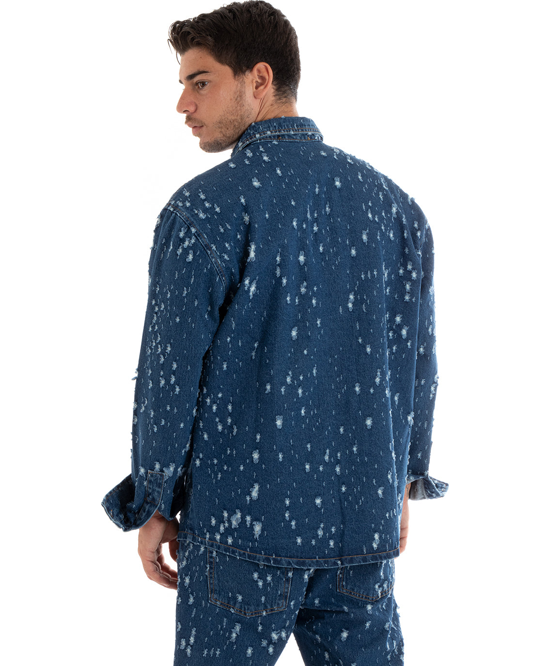 Giubbotto Uomo Giacca Jeans Con Colletto Camicione Rotture Oversize Denim GIOSAL-G3074A