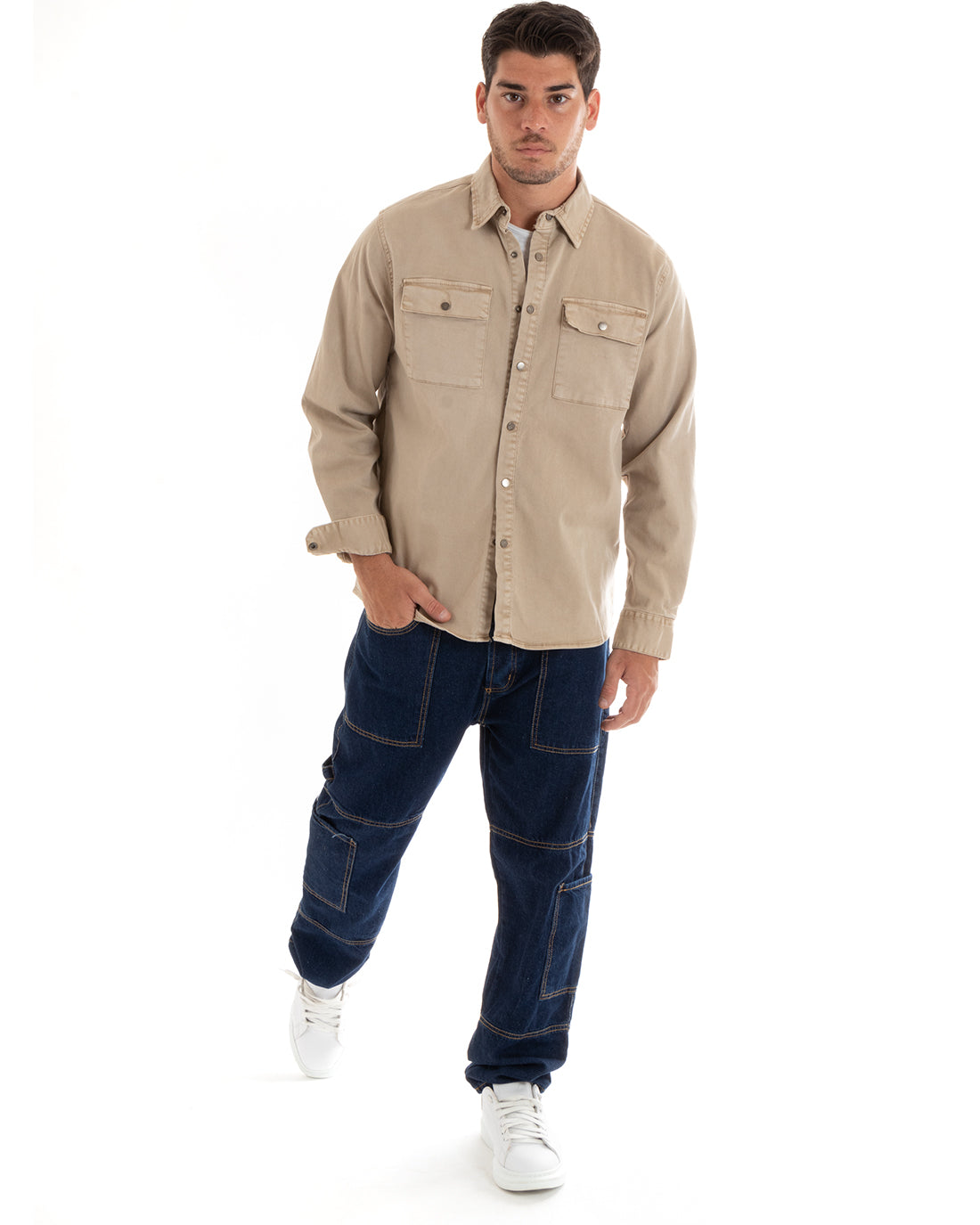 Giubbotto Uomo Giacca Jeans Con Colletto Camicione Denim Beige GIOSAL-G3079A