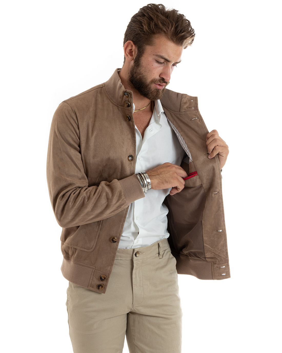 Wildleder-Collegejacke für Herren mit Knöpfen und Pattentaschen, Beige, Freizeitstil GIOSAL-G3088A