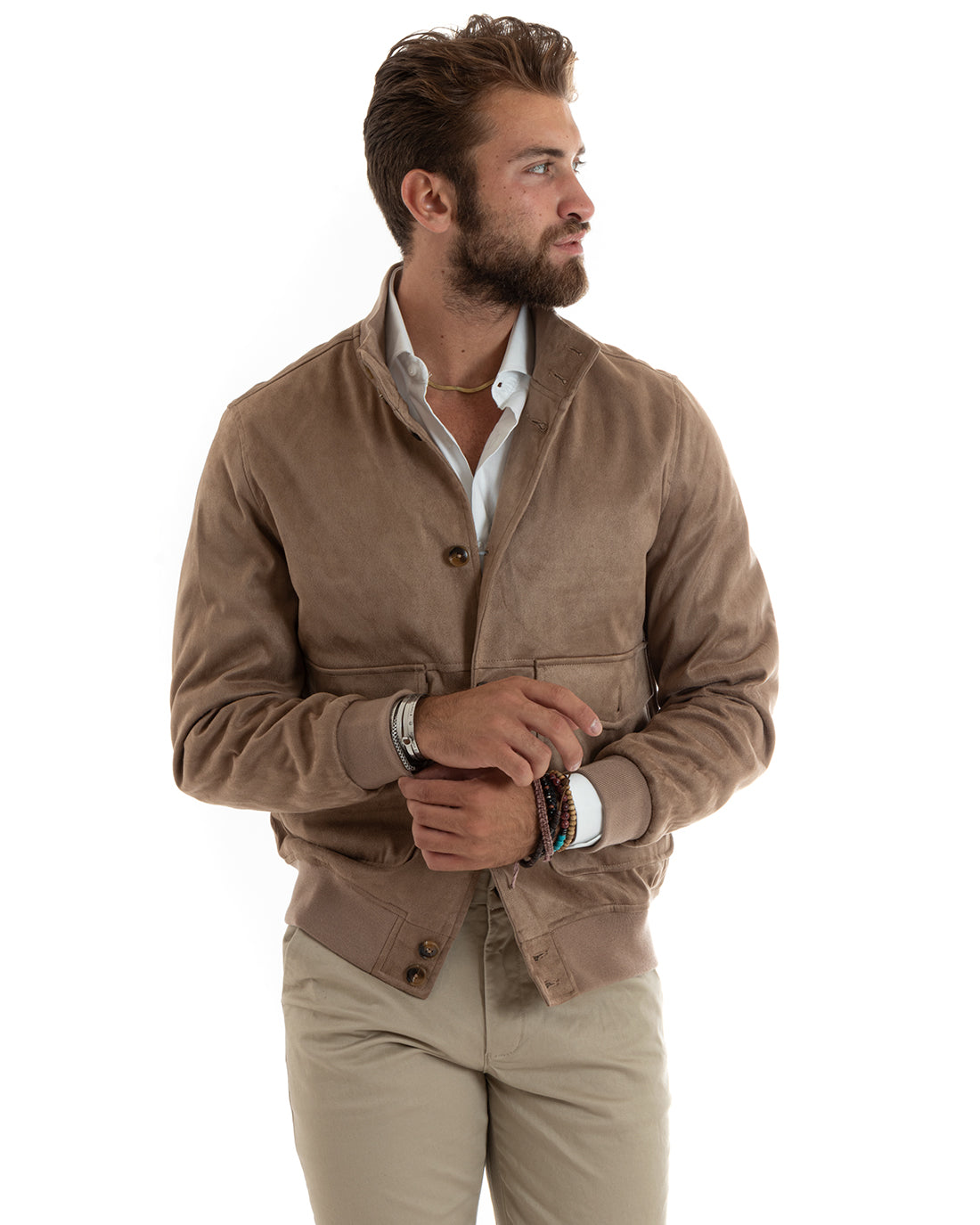 Wildleder-Collegejacke für Herren mit Knöpfen und Pattentaschen, Beige, Freizeitstil GIOSAL-G3088A