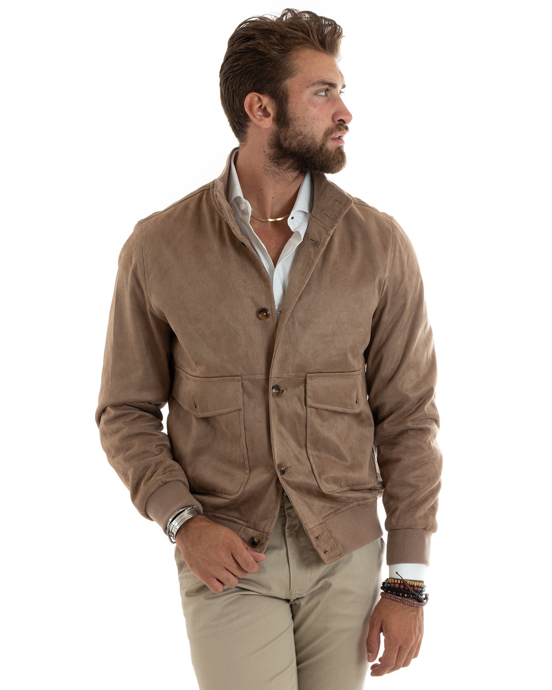 Wildleder-Collegejacke für Herren mit Knöpfen und Pattentaschen, Beige, Freizeitstil GIOSAL-G3088A