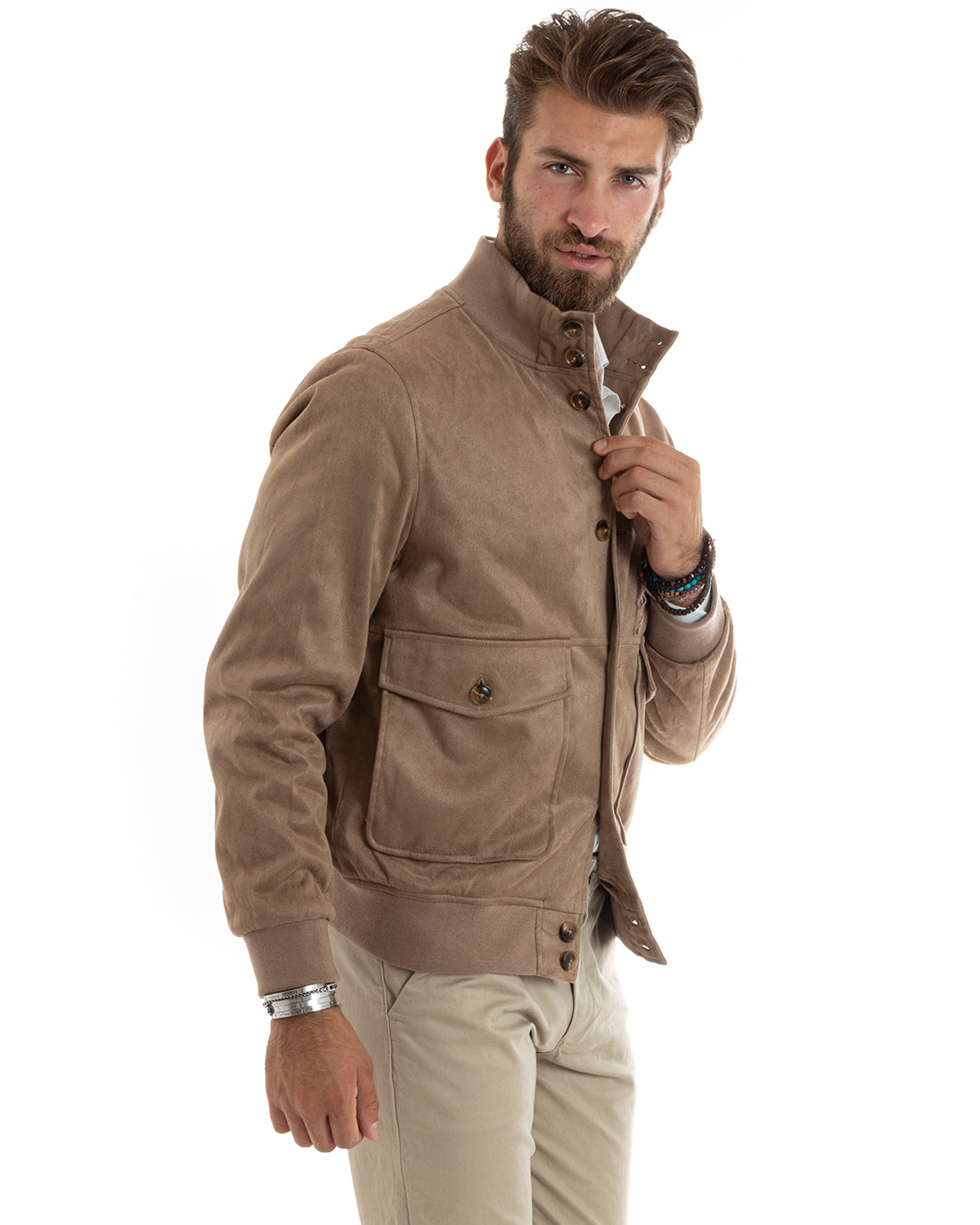 Wildleder-Collegejacke für Herren mit Knöpfen und Pattentaschen, Beige, Freizeitstil GIOSAL-G3088A