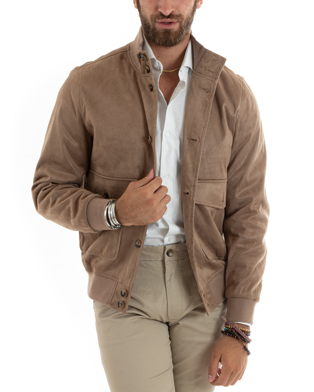 Wildleder-Collegejacke für Herren mit Knöpfen und Pattentaschen, Beige, Freizeitstil GIOSAL-G3088A