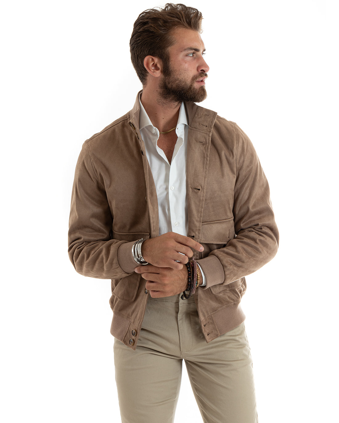 Wildleder-Collegejacke für Herren mit Knöpfen und Pattentaschen, Beige, Freizeitstil GIOSAL-G3088A