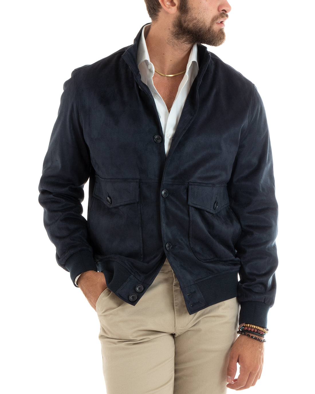 Wildleder-Collegejacke für Herren mit Knöpfen und Pattentaschen, Blau, Freizeit, GIOSAL-G3089A