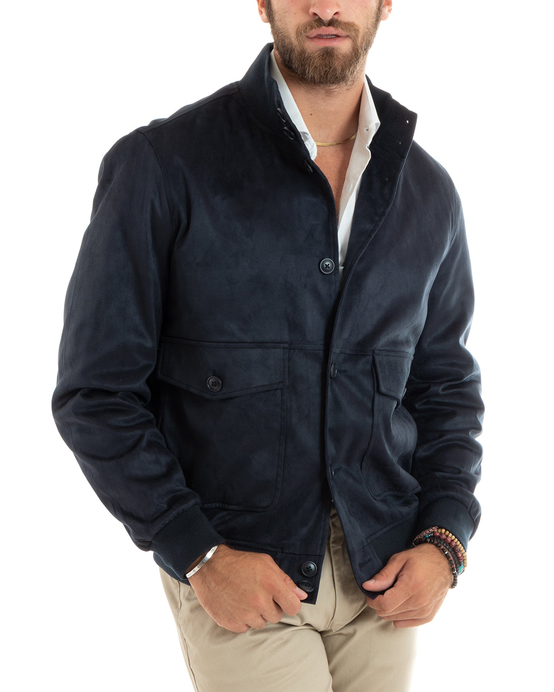 Wildleder-Collegejacke für Herren mit Knöpfen und Pattentaschen, Blau, Freizeit, GIOSAL-G3089A