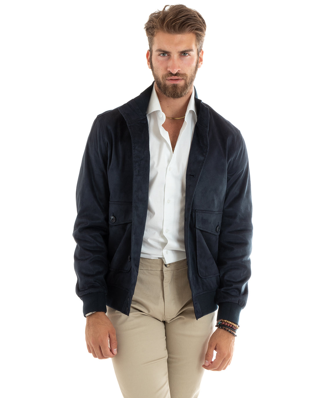 Wildleder-Collegejacke für Herren mit Knöpfen und Pattentaschen, Blau, Freizeit, GIOSAL-G3089A