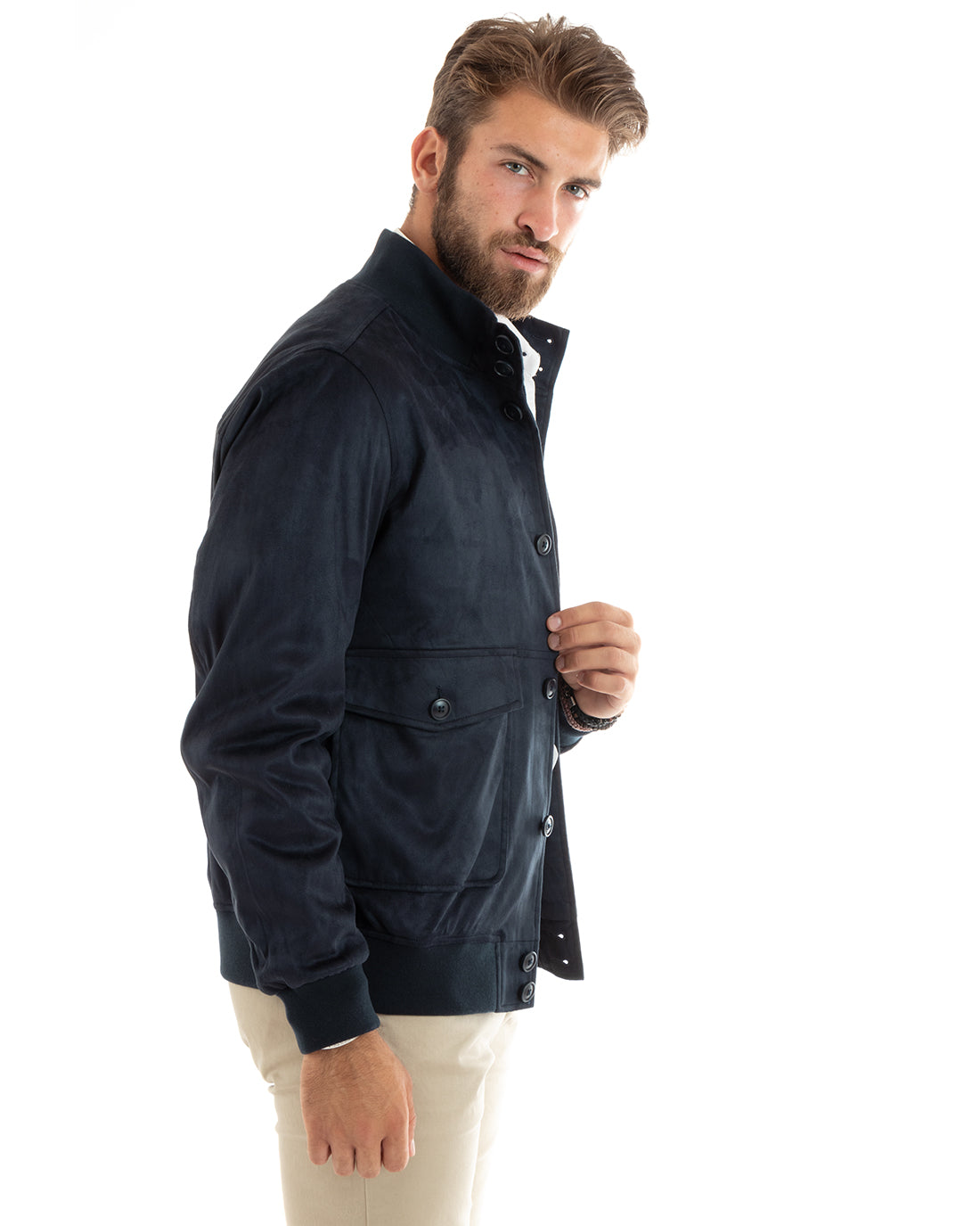 Wildleder-Collegejacke für Herren mit Knöpfen und Pattentaschen, Blau, Freizeit, GIOSAL-G3089A