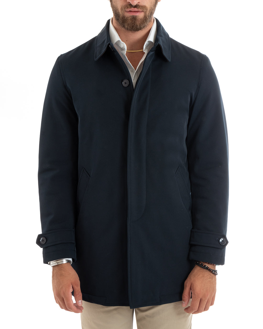 Giubbotto Uomo Trench Impermeabile Tessuto Tecnico Giaccone Lungo Imbottito Bottoni Blu GIOSAL-G3090A