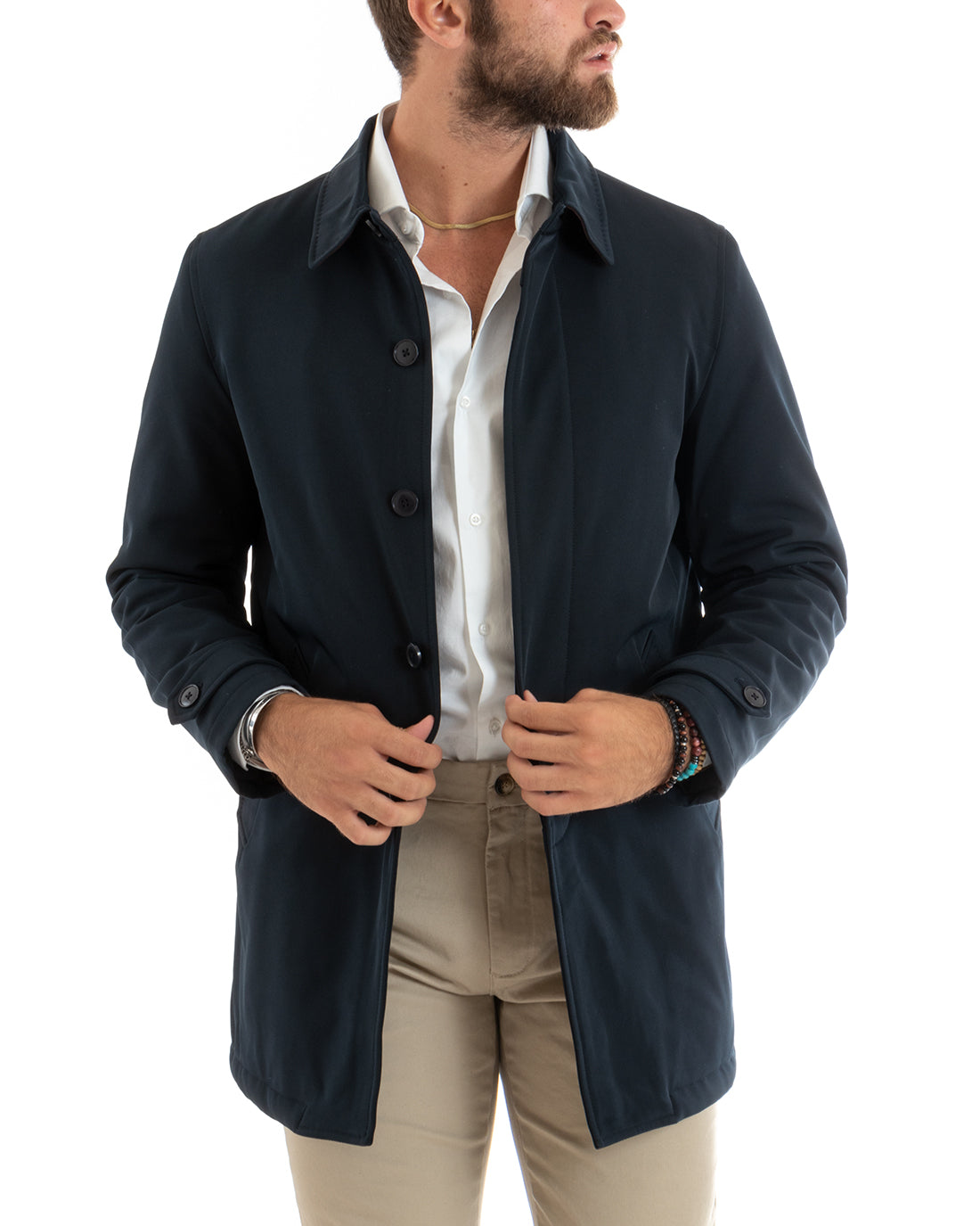 Giubbotto Uomo Trench Impermeabile Tessuto Tecnico Giaccone Lungo Imbottito Bottoni Blu GIOSAL-G3090A