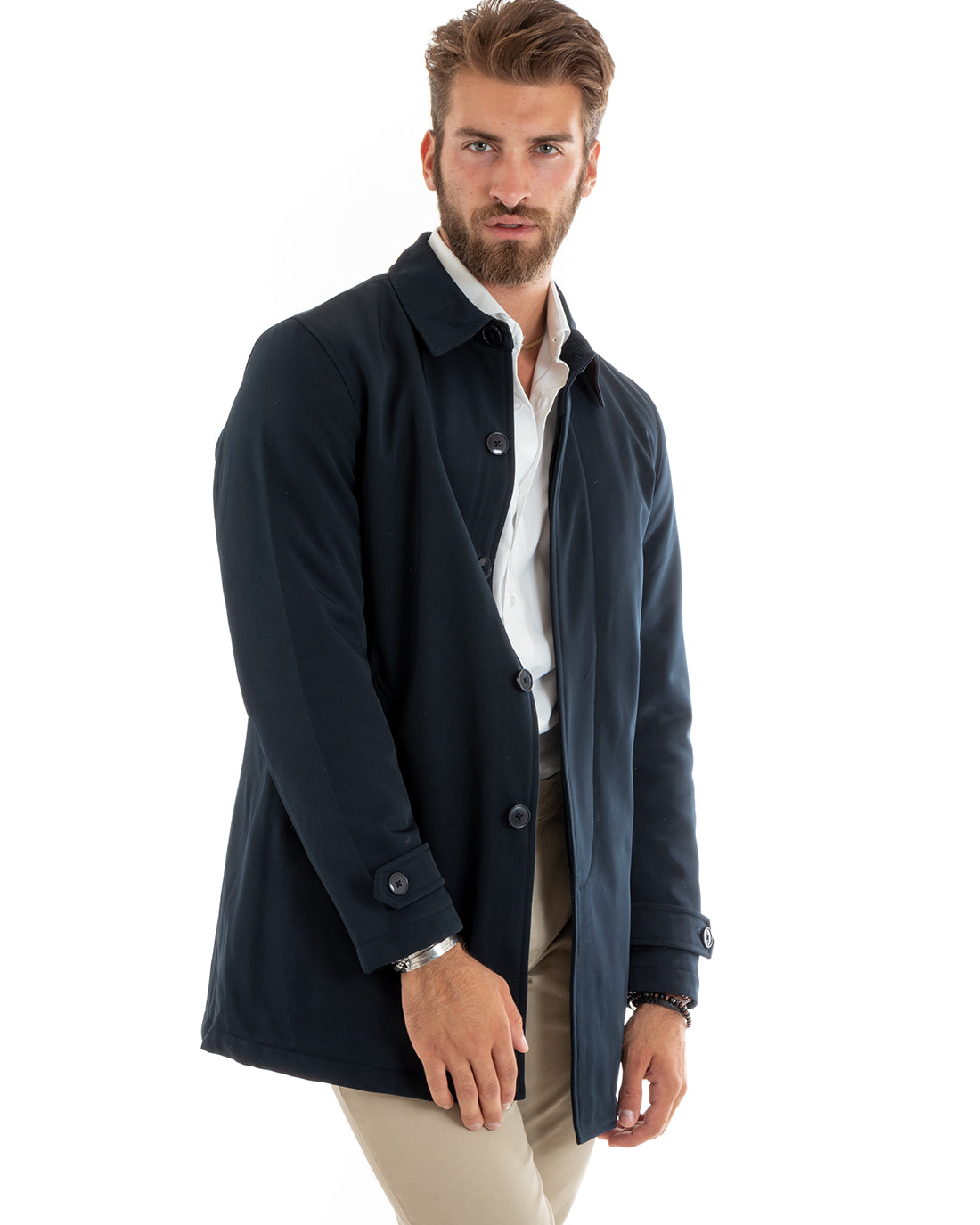 Giubbotto Uomo Trench Impermeabile Tessuto Tecnico Imbottito Blu G3090A