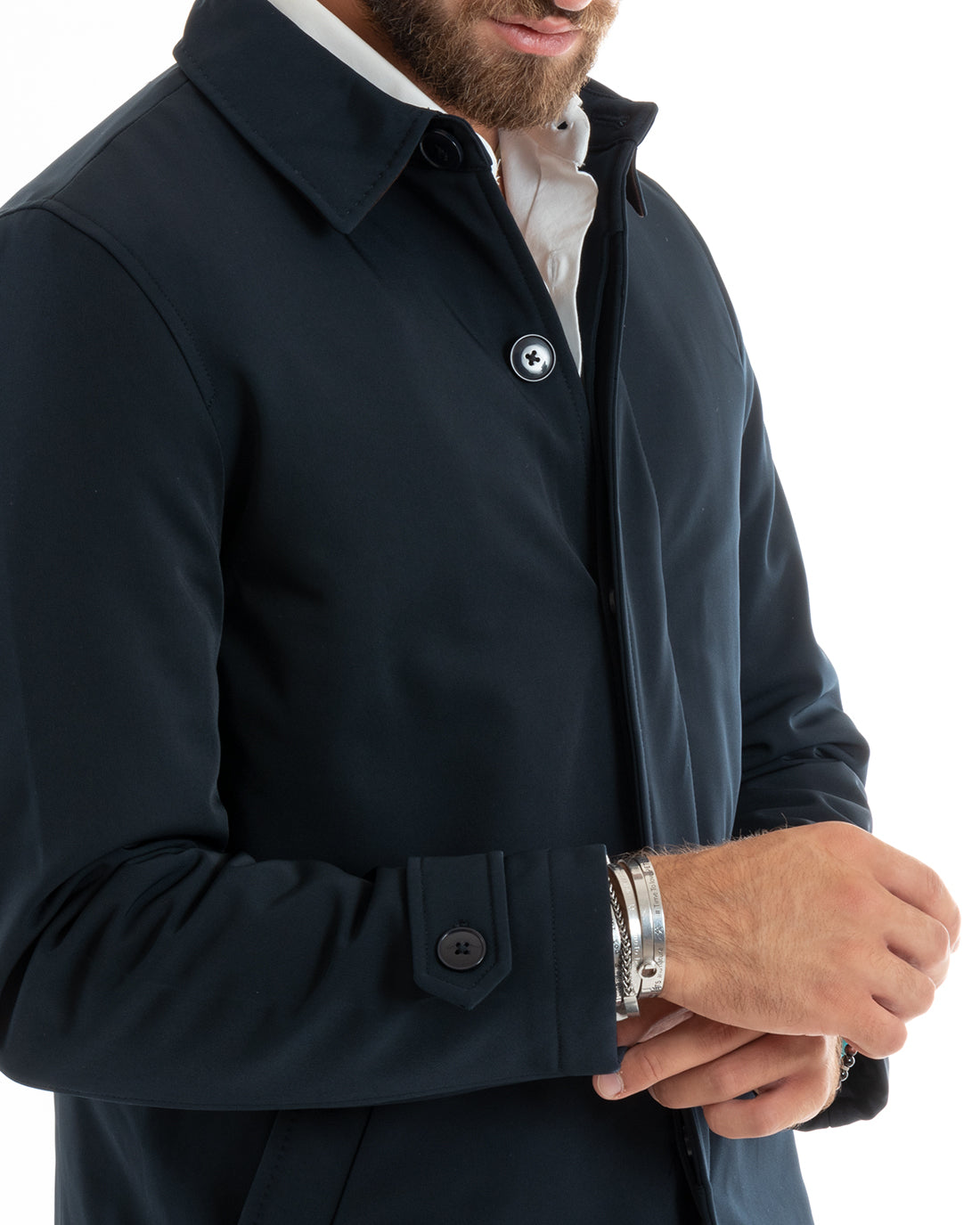 Giubbotto Uomo Trench Impermeabile Tessuto Tecnico Giaccone Lungo Imbottito Bottoni Blu GIOSAL-G3090A