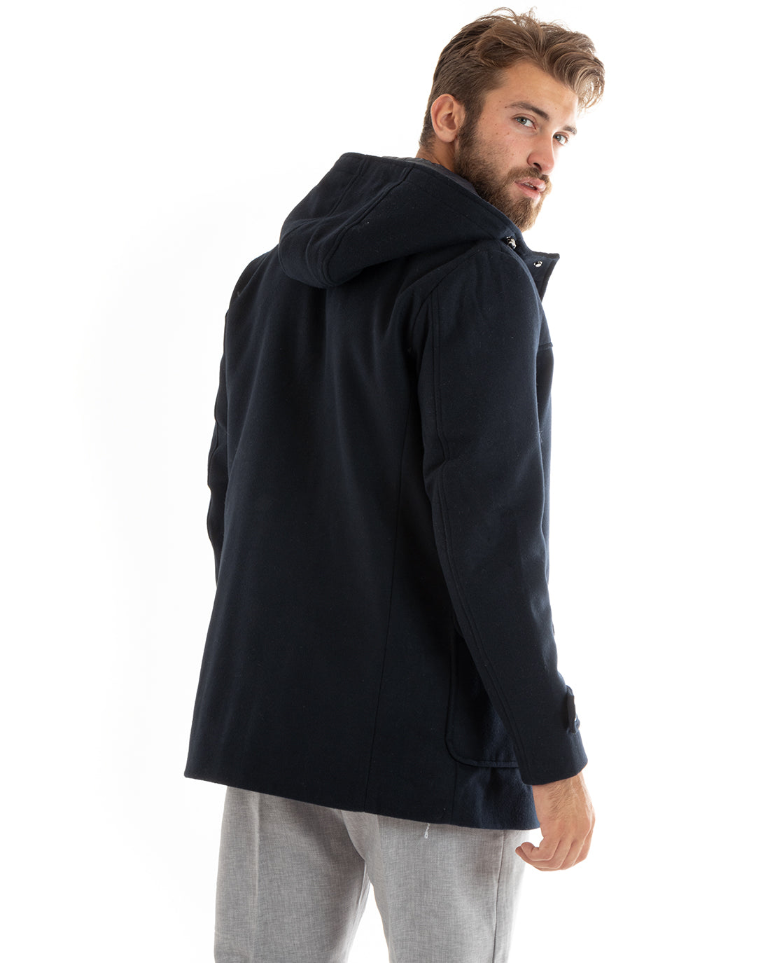 Giubbotto Uomo Trench Di Lana Imbottito Giaccone Lungo In Panno Con Cappuccio Blu GIOSAL-G3094A
