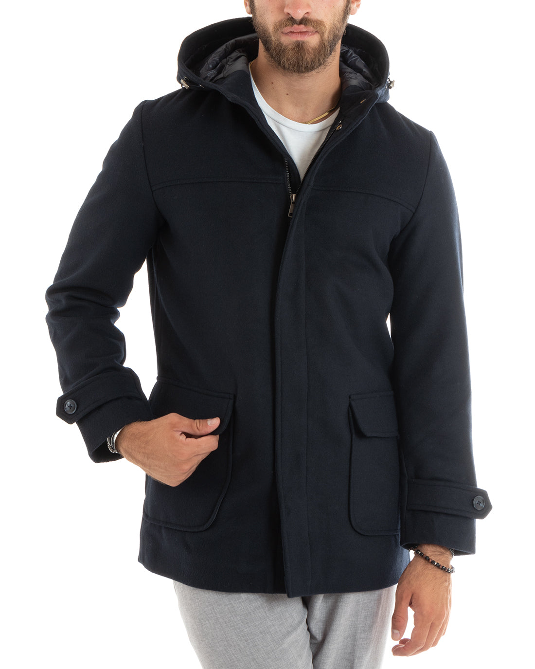 Giubbotto Uomo Trench Di Lana Imbottito Giaccone Lungo In Panno Con Cappuccio Blu GIOSAL-G3094A