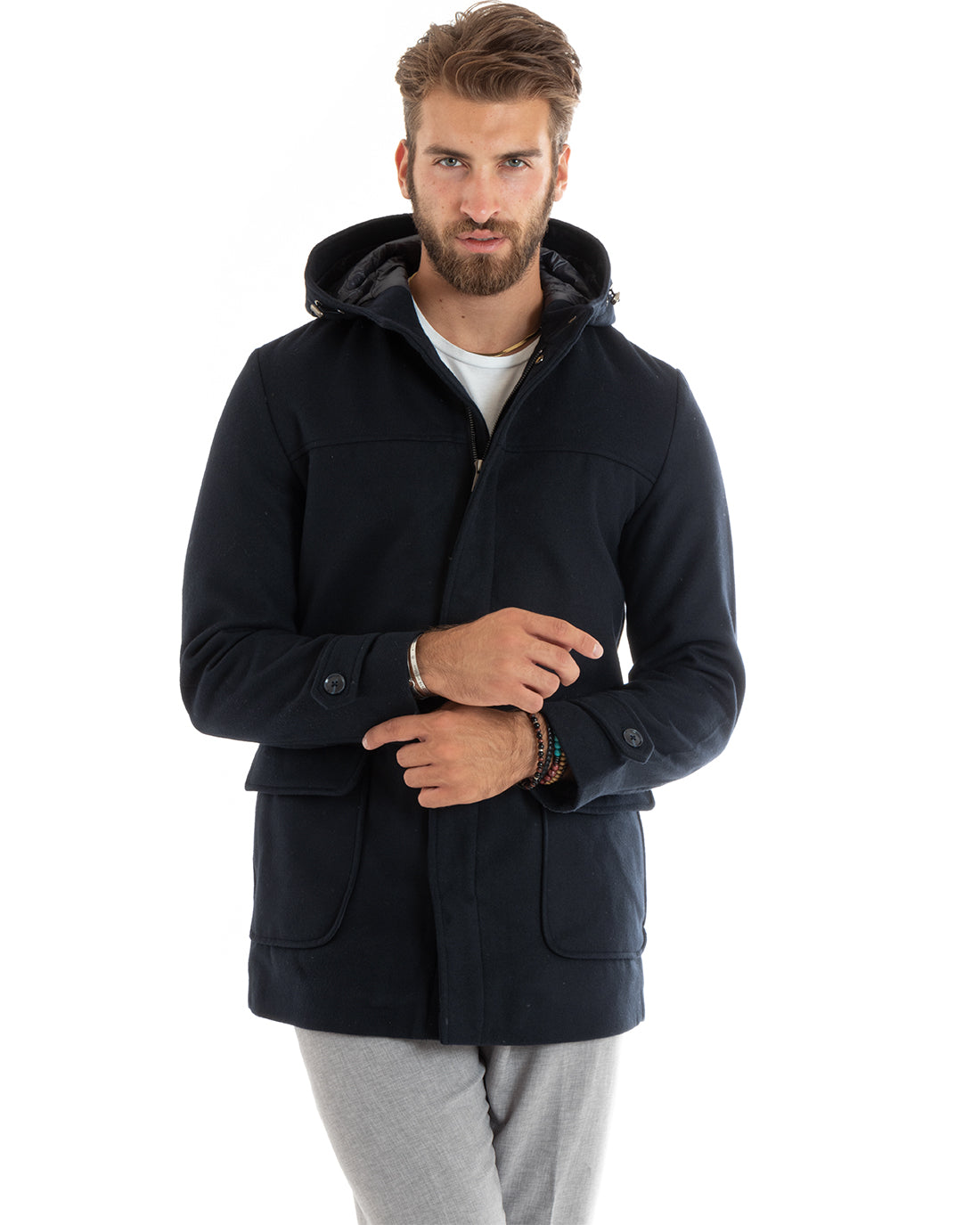 Giubbotto Uomo Trench Di Lana Imbottito Giaccone Lungo In Panno Con Cappuccio Blu GIOSAL-G3094A