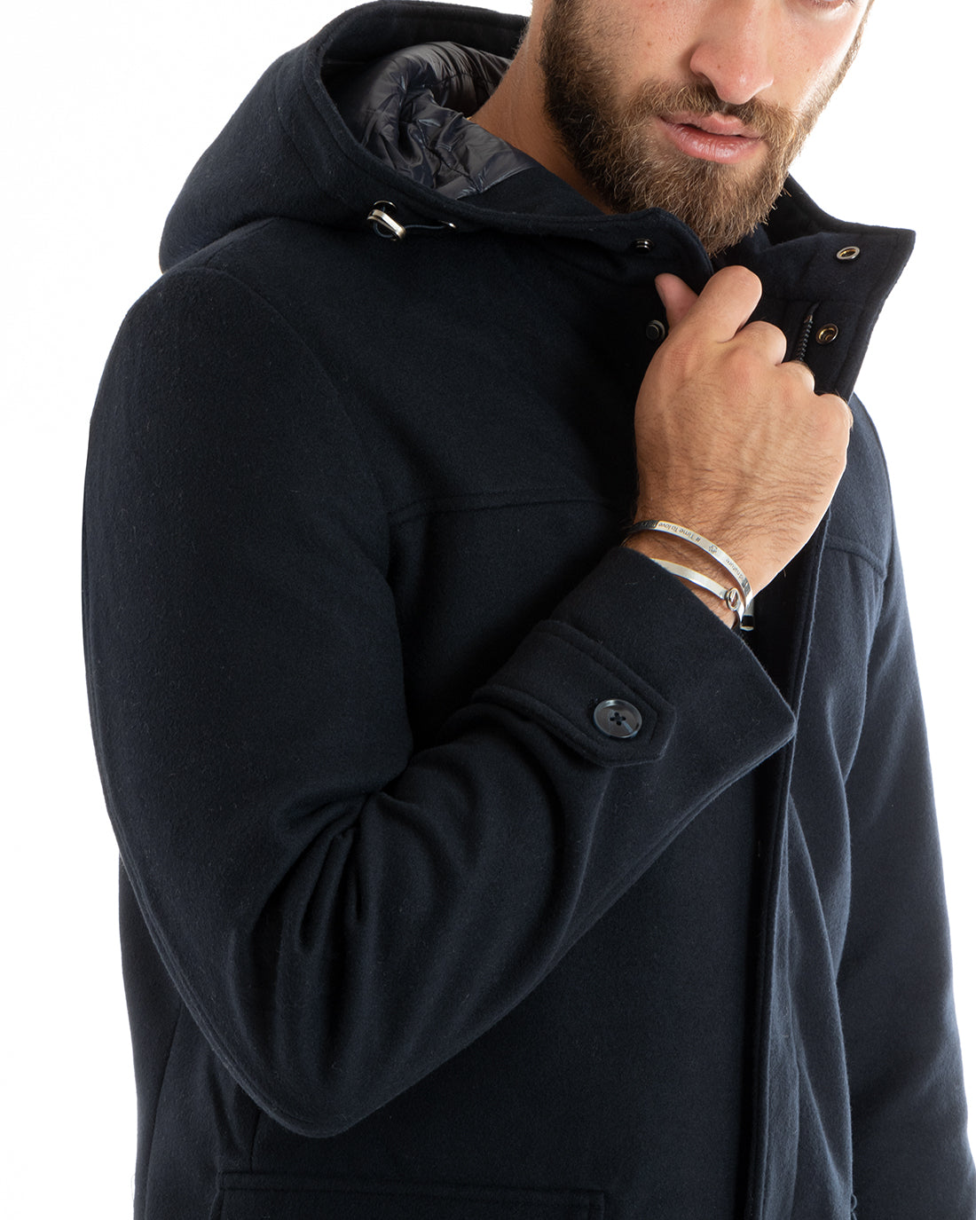 Giubbotto Uomo Trench Di Lana Imbottito Giaccone Lungo In Panno Con Cappuccio Blu GIOSAL-G3094A