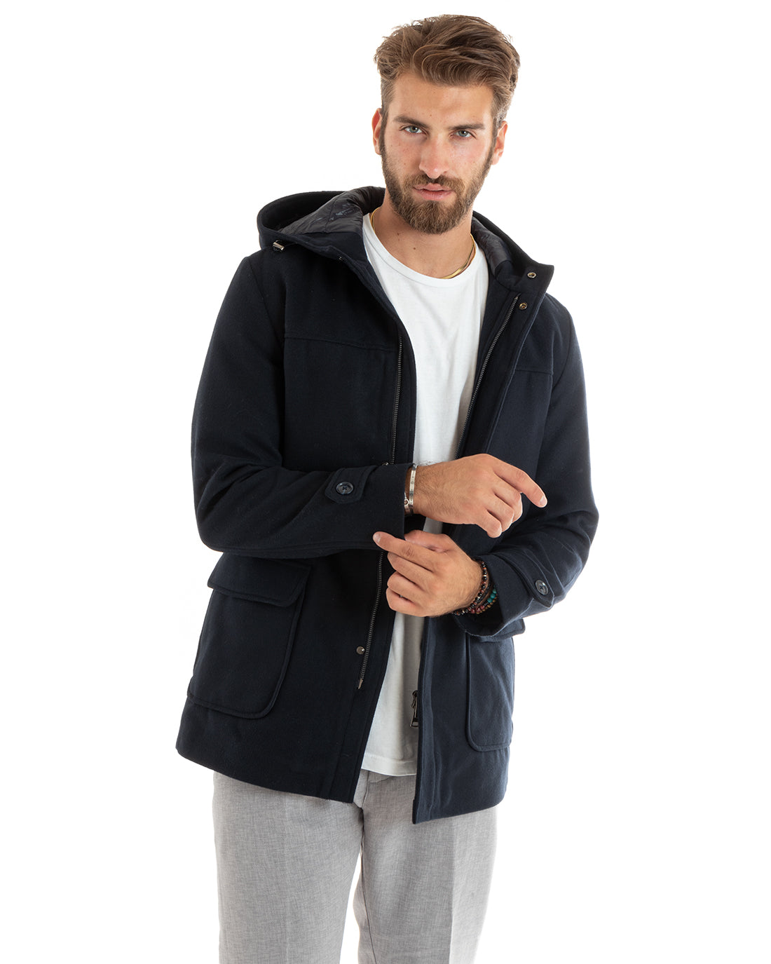 Giubbotto Uomo Trench Di Lana Imbottito Giaccone Lungo In Panno Con Cappuccio Blu GIOSAL-G3094A