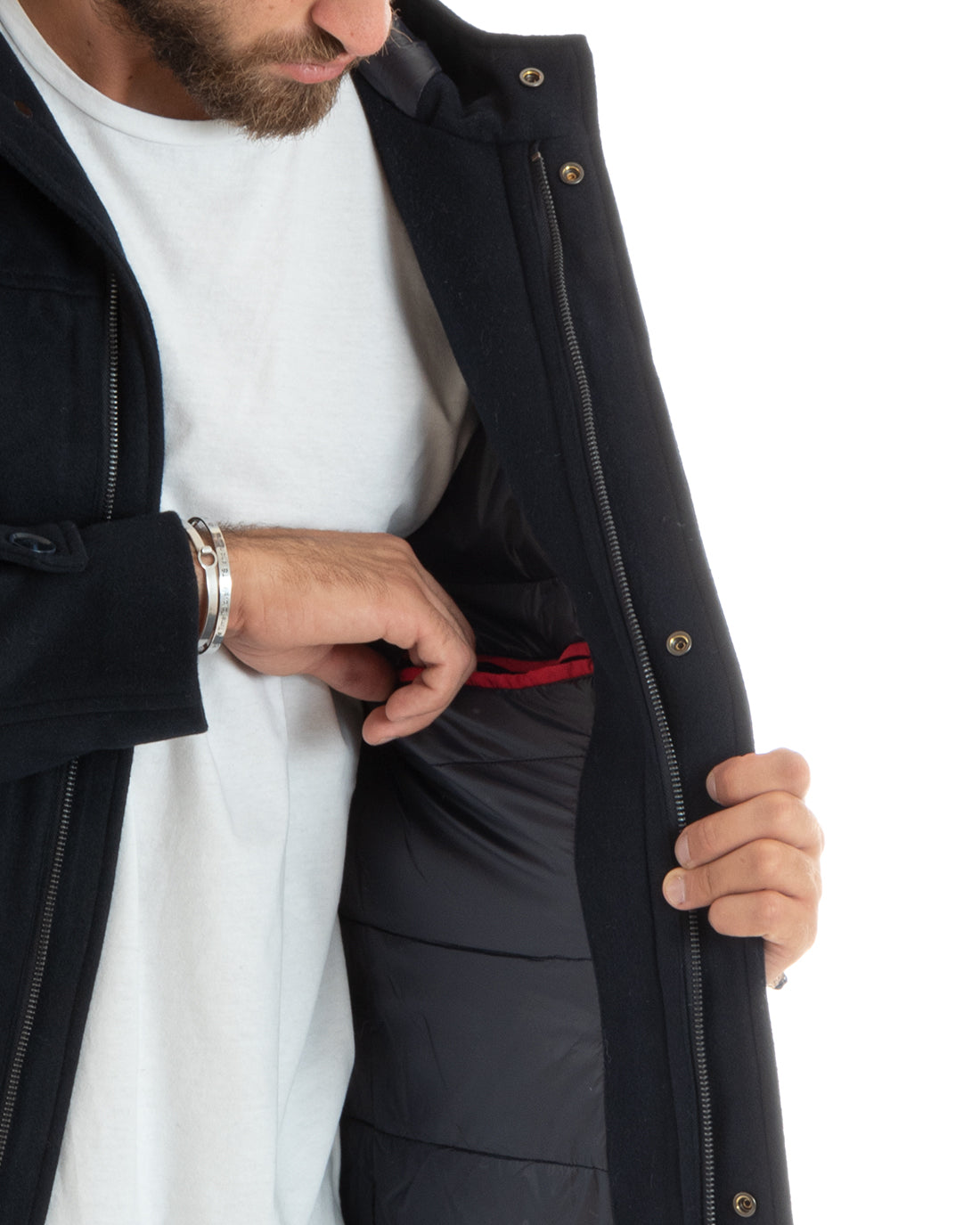 Giubbotto Uomo Trench Di Lana Imbottito Giaccone Lungo In Panno Con Cappuccio Blu GIOSAL-G3094A