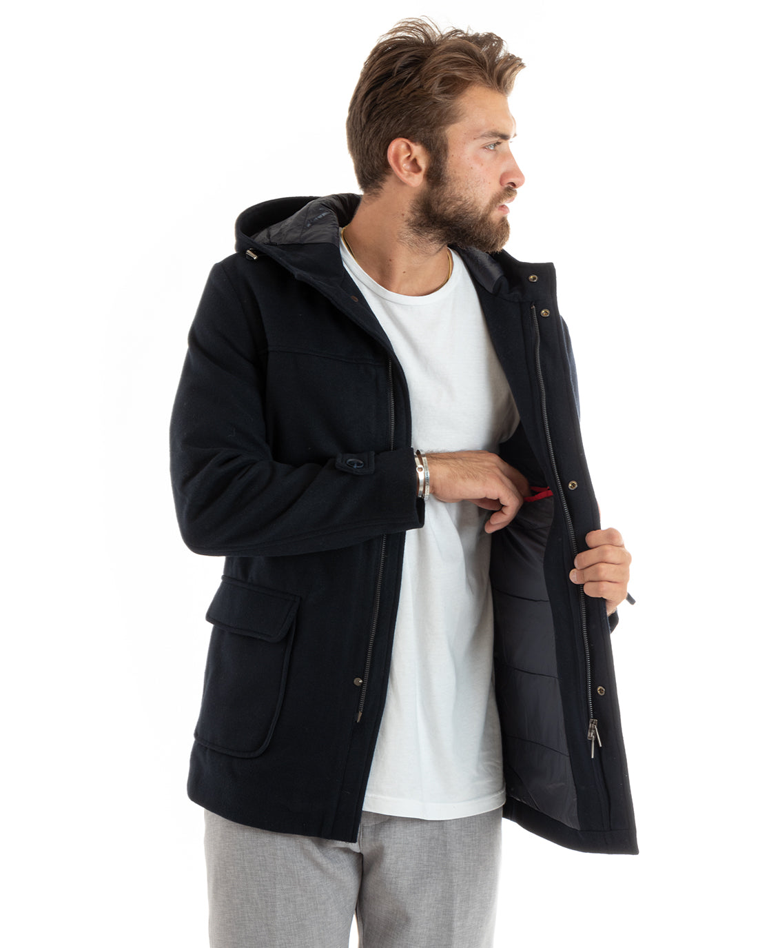 Giubbotto Uomo Trench Di Lana Imbottito Giaccone Lungo In Panno Con Cappuccio Blu GIOSAL-G3094A