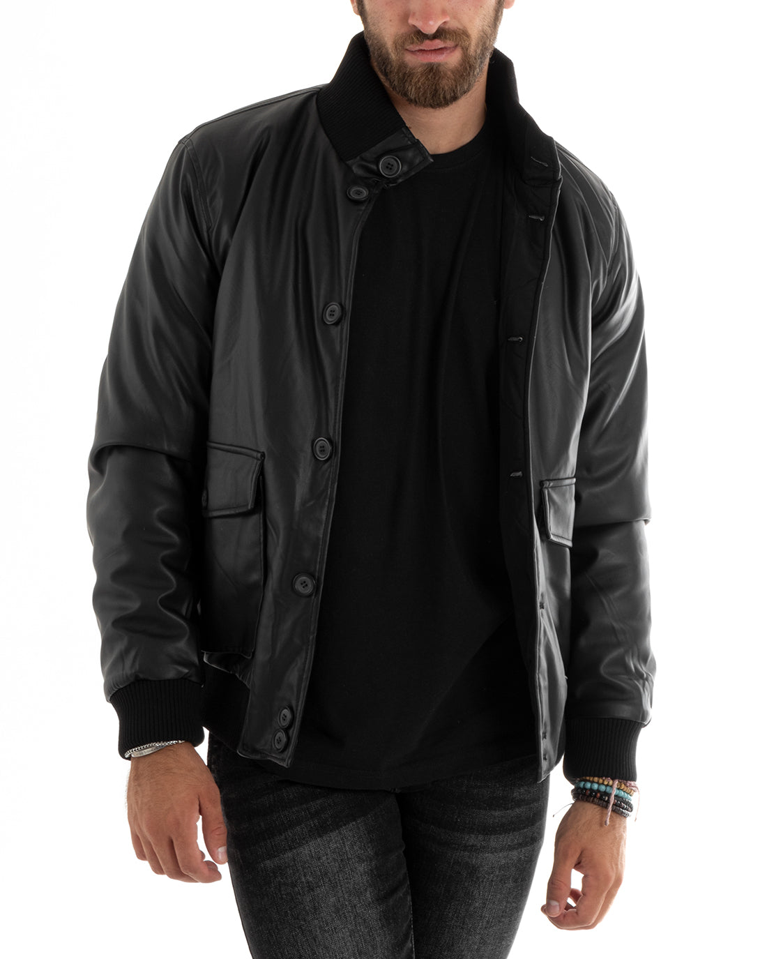 Giubbotto Uomo Giacca Double Face College Ecopelle Con Bottoni Tasche Con Patta Nero Casual GIOSAL-G3099A