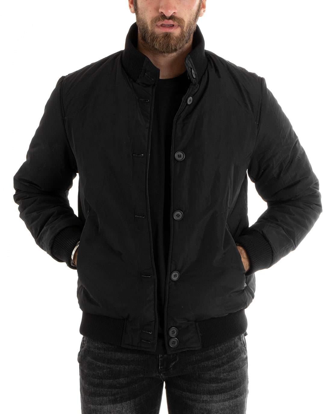 Giubbotto Uomo Giacca Double Face College Ecopelle Con Bottoni Tasche Con Patta Nero Casual GIOSAL-G3099A