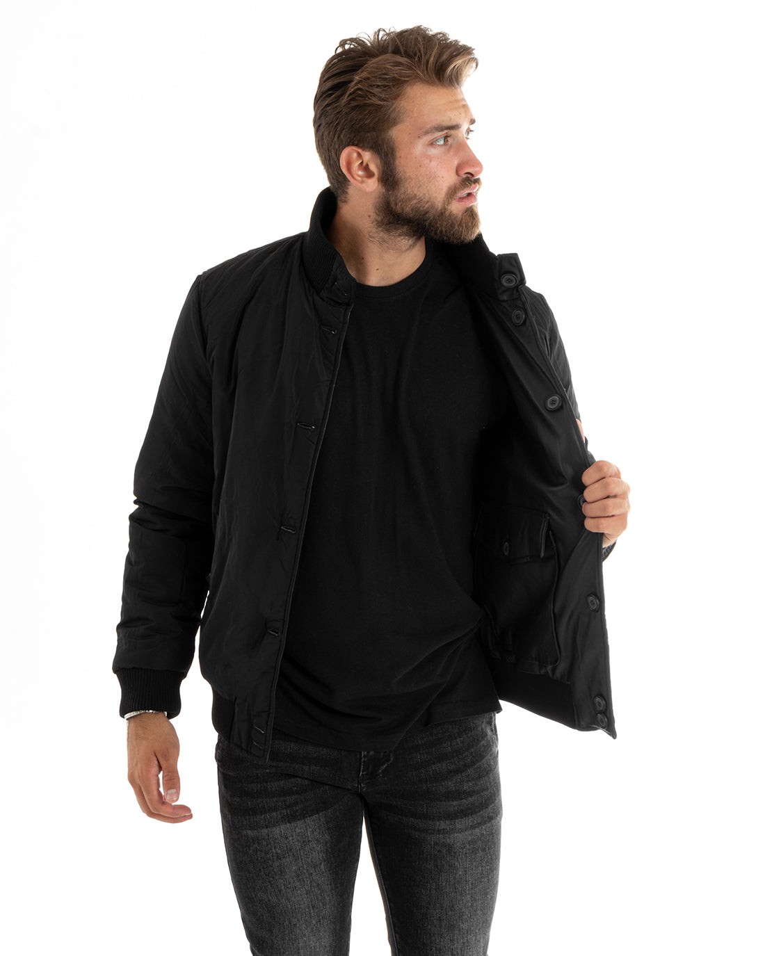 Giubbotto Uomo Giacca Double Face College Ecopelle Con Bottoni Tasche Con Patta Nero Casual GIOSAL-G3099A