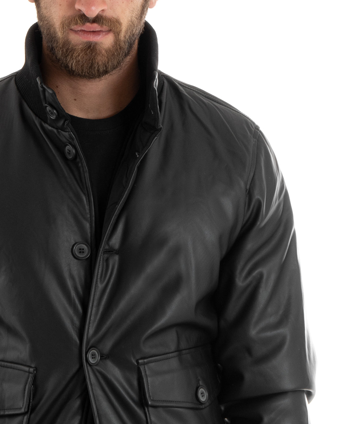 Giubbotto Uomo Giacca Double Face College Ecopelle Con Bottoni Tasche Con Patta Nero Casual GIOSAL-G3099A