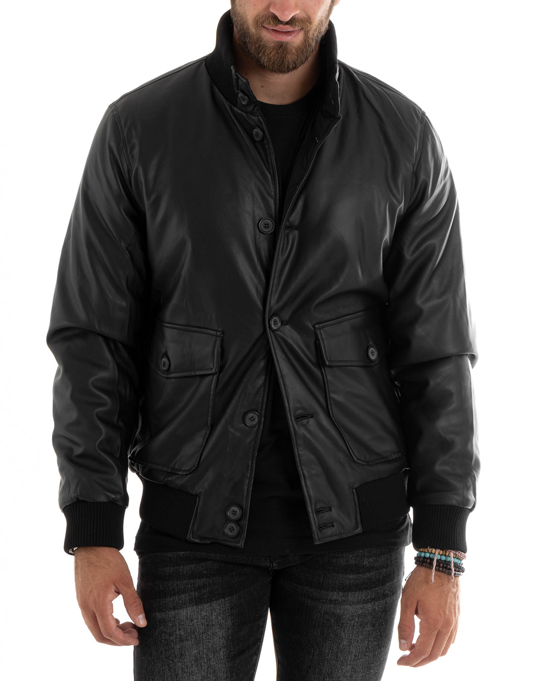 Giubbotto Uomo Giacca Double Face College Ecopelle Con Bottoni Tasche Con Patta Nero Casual GIOSAL-G3099A