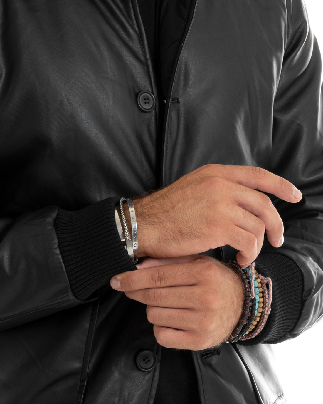Giubbotto Uomo Giacca Double Face College Ecopelle Con Bottoni Tasche Con Patta Nero Casual GIOSAL-G3099A