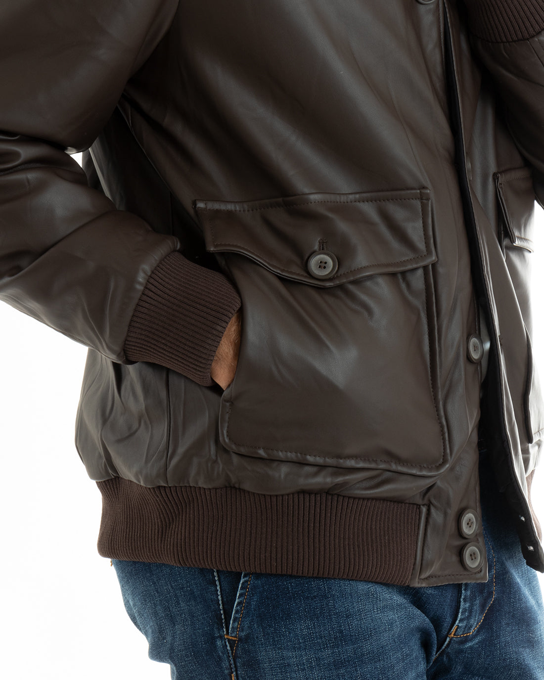 Giubbotto Uomo Giacca Double Face College Ecopelle Con Bottoni Tasche Con Patta Marrone Blu Casual GIOSAL-G3100A