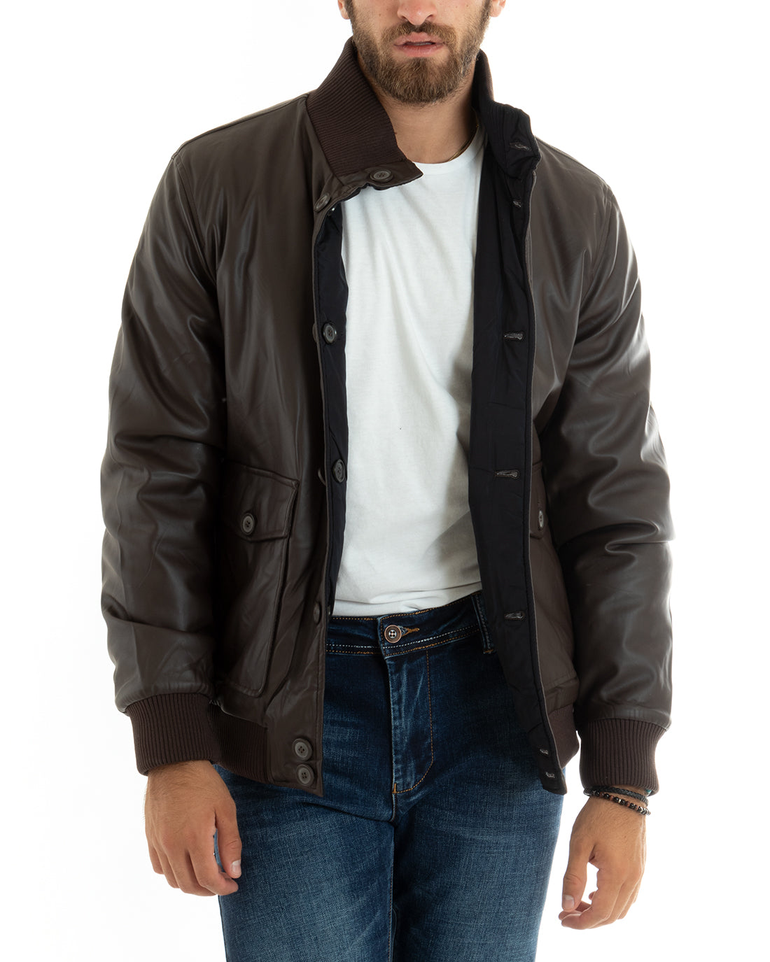 Giubbotto Uomo Giacca Double Face College Ecopelle Con Bottoni Tasche Con Patta Marrone Blu Casual GIOSAL-G3100A