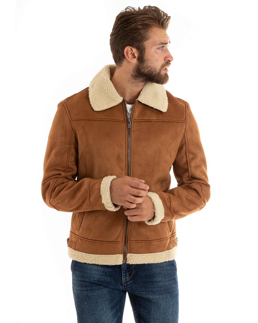 Giubbotto Uomo Giacca Montone Camel Aviatore Con Pelliccia Casual Double Face GIOSAL-G3101A
