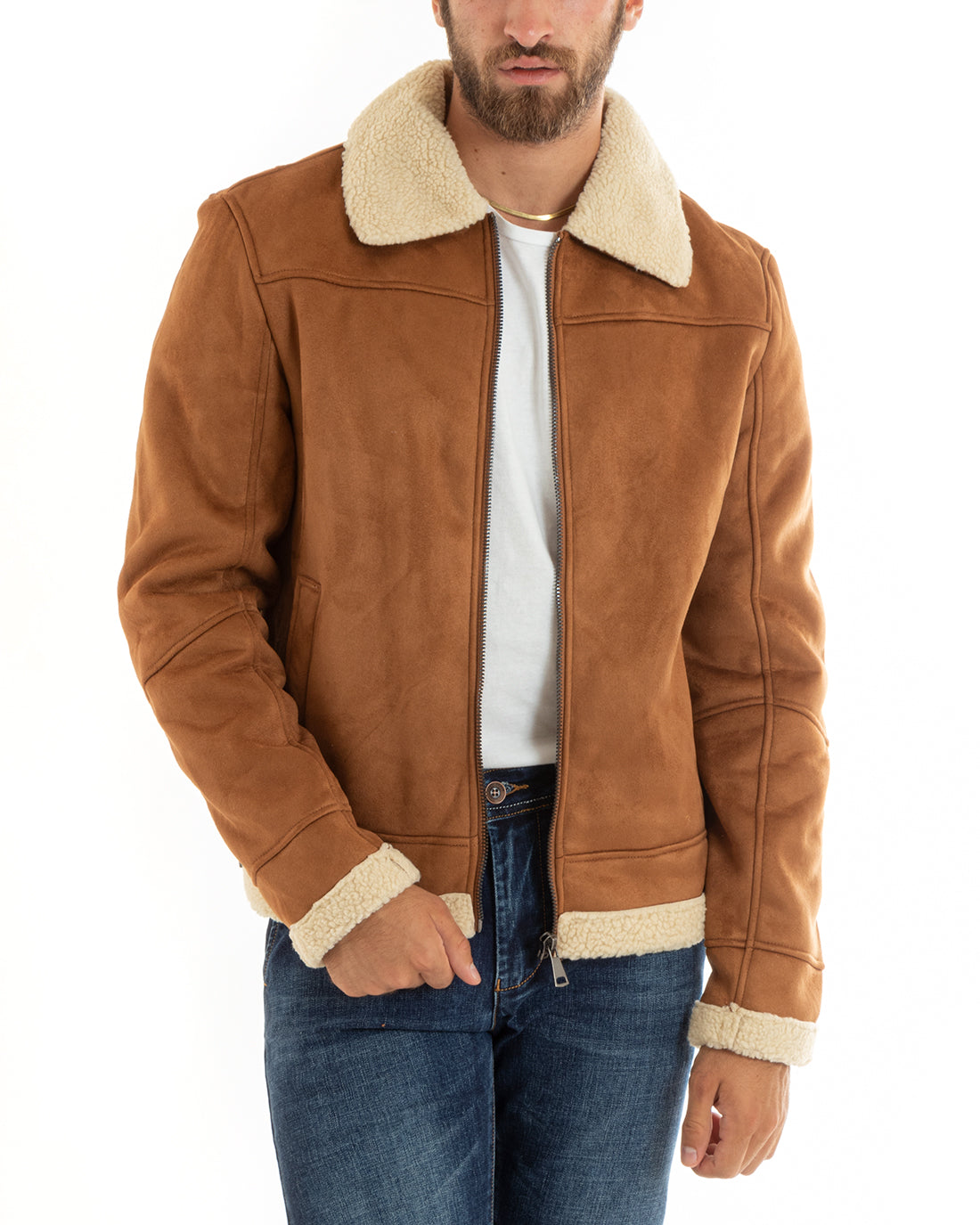 Giubbotto Uomo Giacca Montone Camel Aviatore Con Pelliccia Casual Double Face GIOSAL-G3101A