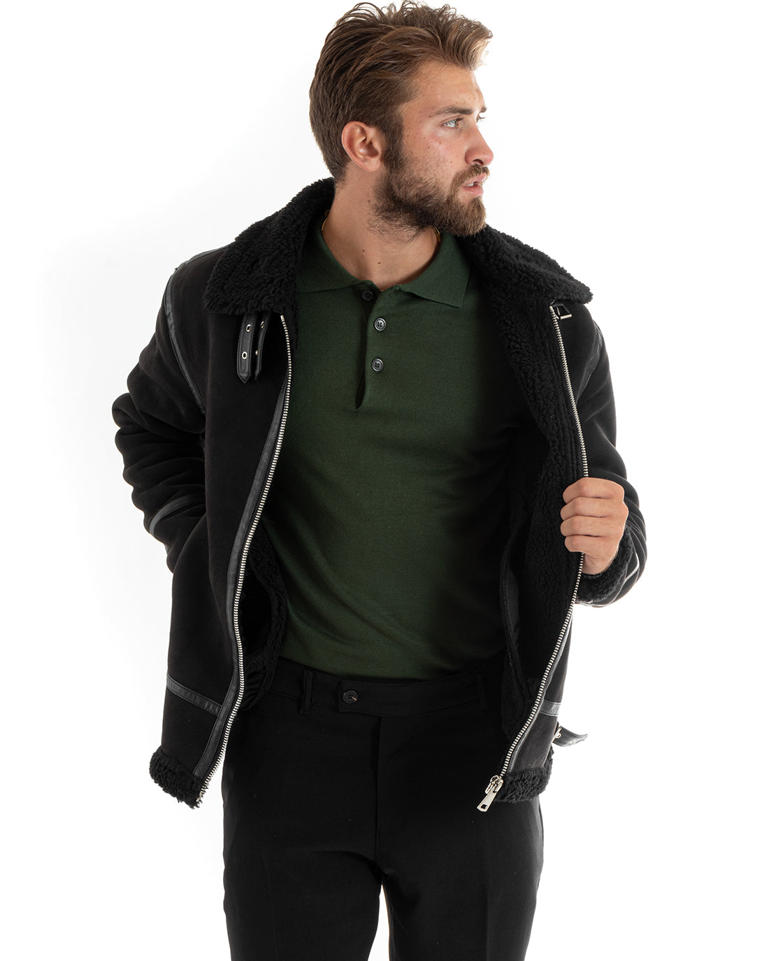 Giubbotto Uomo Giacca Montone Nero Aviatore Con Pelliccia Casual Double Face GIOSAL-G3102A