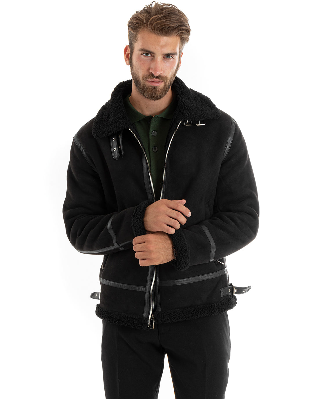 Giubbotto Uomo Giacca Montone Nero Aviatore Con Pelliccia Casual Double Face GIOSAL-G3102A