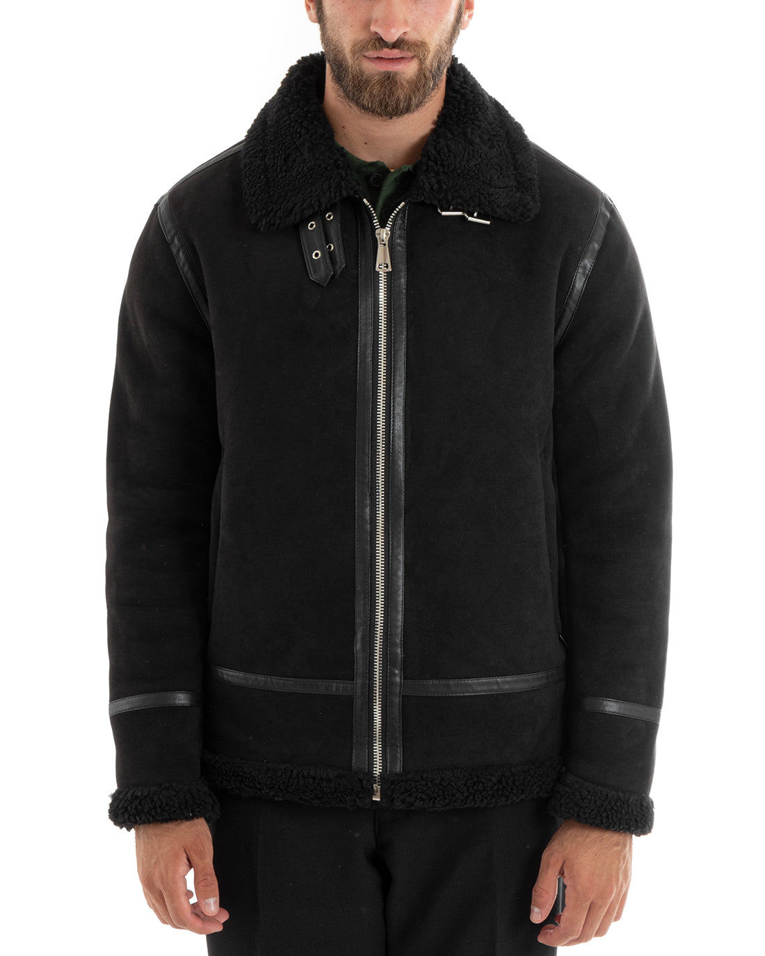 Giubbotto Uomo Giacca Montone Nero Aviatore Con Pelliccia Casual Double Face GIOSAL-G3102A