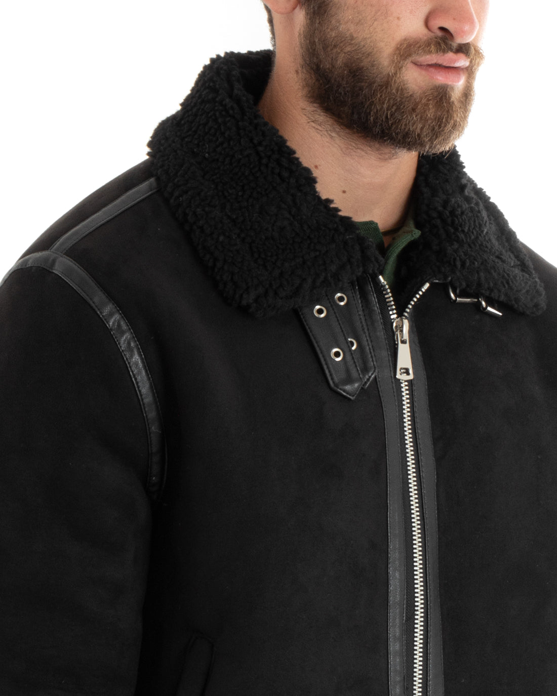 Giubbotto Uomo Giacca Montone Nero Aviatore Con Pelliccia Casual Double Face GIOSAL-G3102A
