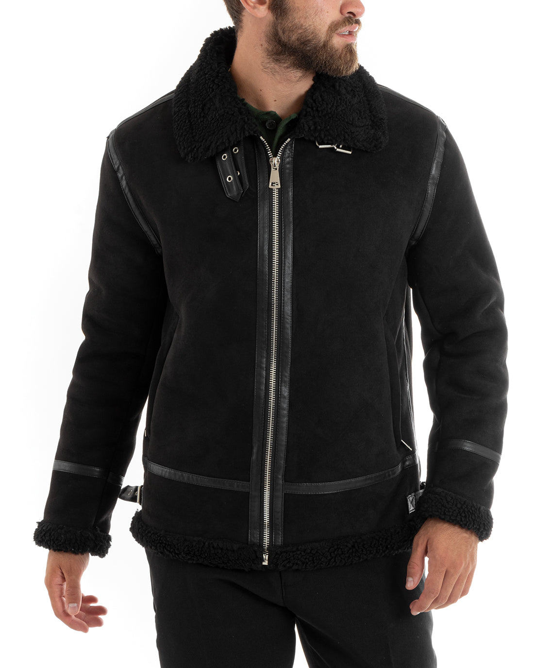 Giubbotto Uomo Giacca Montone Nero Aviatore Con Pelliccia Casual Double Face GIOSAL-G3102A